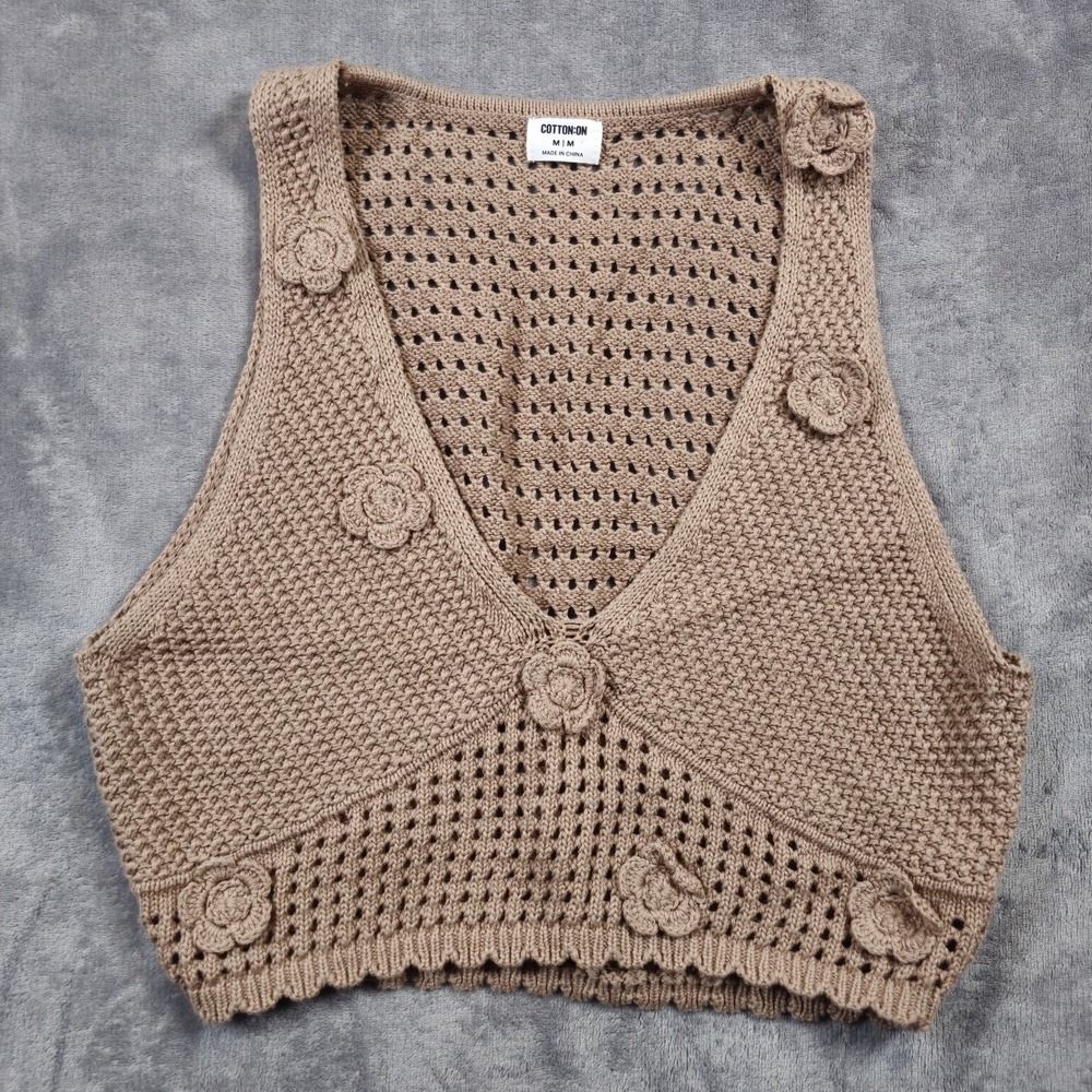 Cotton On Crochet Sweater Vest Women Medium Cream Floral Applique Pointelle Crop